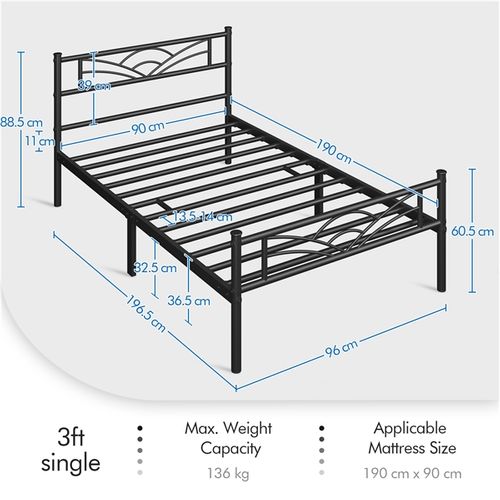 Yaheetech Cadre de lit Simple 90 x 190 cm en Métal Assemblage Simple pour Adultes Noir