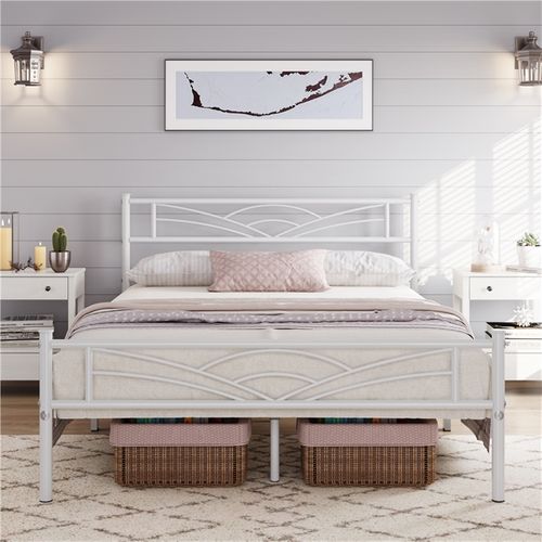 Lit Simple Cadre De Lit En Métal Assemblage Simple 140x200 Cm Blanc