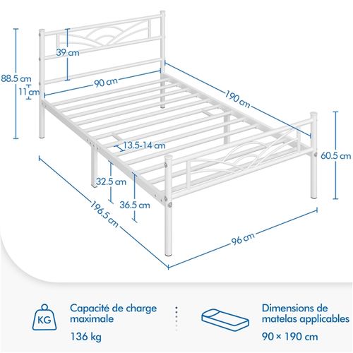 Lit Simple Cadre De Lit En Métal Blanc 90x190 cm