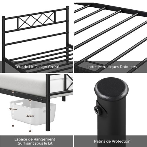 Cadre De Lit Simple Lit En Métal 90x190 Cm Noir