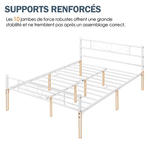 Lit Double 140 X 200 Cm En Métal Pour Adultes Grande Espace