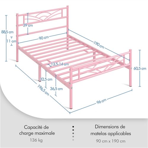 Lit Simple Cadre De Lit 90 X 190 Cm En Métal Assemblage Simple Rose
