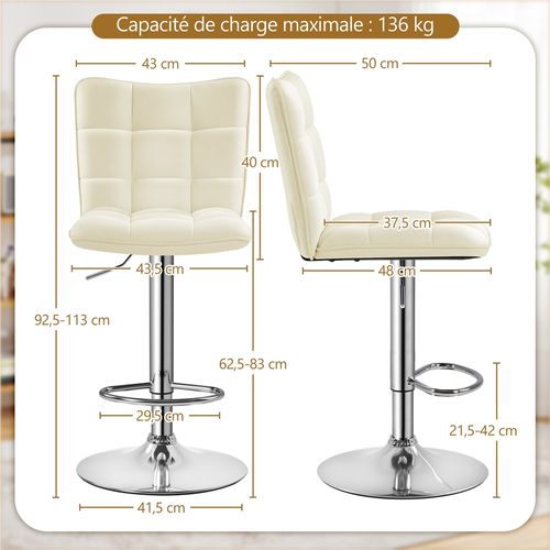 Lot De 2 Chaises De Bar Modernes Tabourets De Bar En Similicuir Réglables En Hauteur, Beige