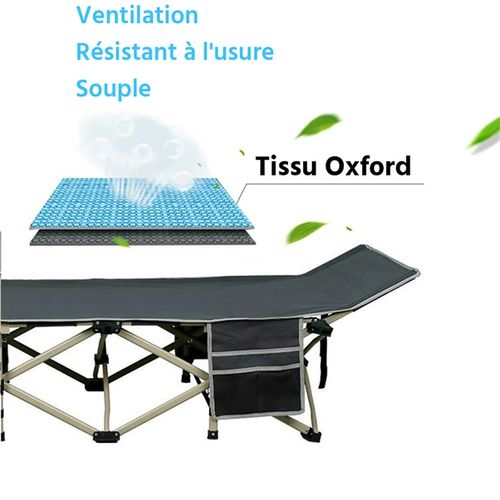 Lit De Camp Pliable 1 Personne Avec Pochettes 150 Kg De Charge Maximale Gris