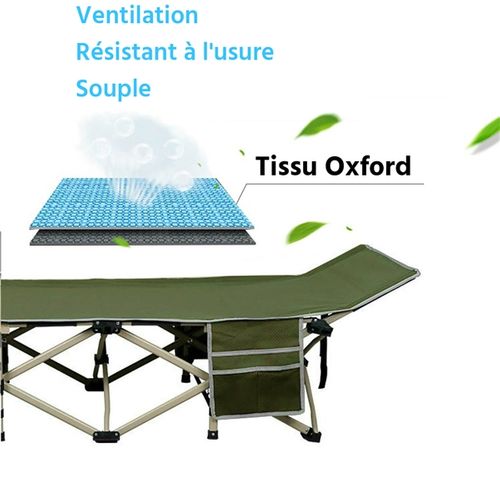 Lit De Camp Pliable 1 Personne Avec Pochettes 150 Kg De Charge Maximale Vert Militaire