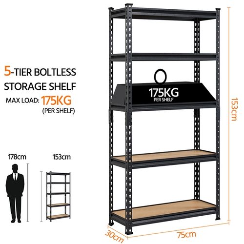 Étagère De Garage à 5 Niveaux Avec Planches Mdf 75 × 30× 153 Cm Noir