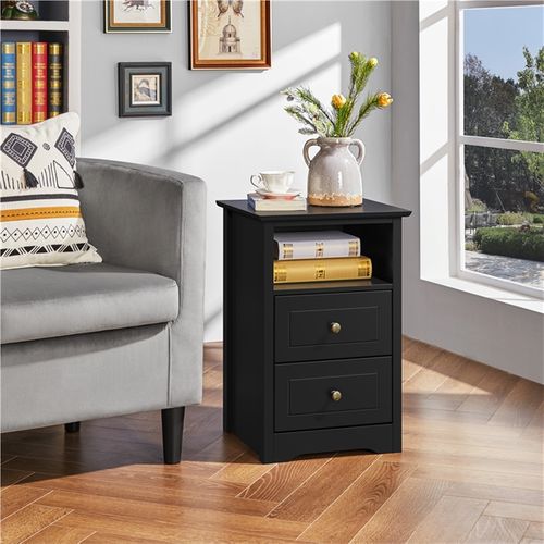 Table De Chevet Blanche, Table De Nuit En Bois, 40 X 35 X 60 Cm, 2 Tiroirs Noir