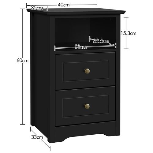 Table De Chevet Blanche, Table De Nuit En Bois, 40 X 35 X 60 Cm, 2 Tiroirs Noir