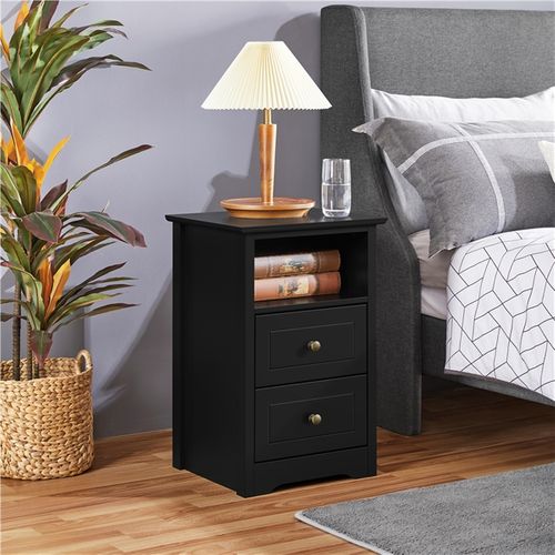 Table De Chevet Blanche, Table De Nuit En Bois, 40 X 35 X 60 Cm, 2 Tiroirs Noir