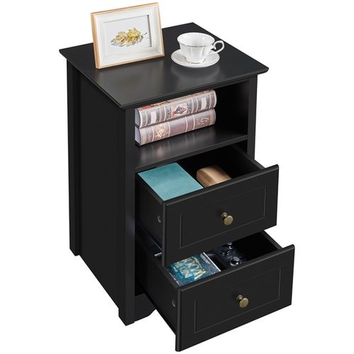 Table De Chevet Blanche, Table De Nuit En Bois, 40 X 35 X 60 Cm, 2 Tiroirs Noir