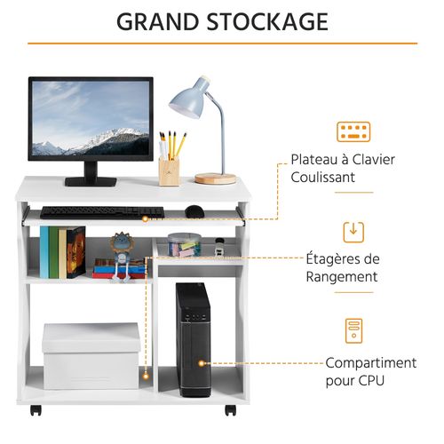 Meuble Bureau Droit Informatique Pour Ordinateur à Roulettes Blanc