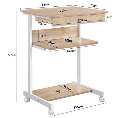 Table Informatique Bureau D'ordinateur Portable Roulant Poste De Travail 56 X 51 X 79 Cm Chêne Clair