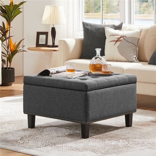 Pouf Coffre De Rangement Tabouret En Tissu Effet Lin Avec Assise Rembourrée, Gris Foncé