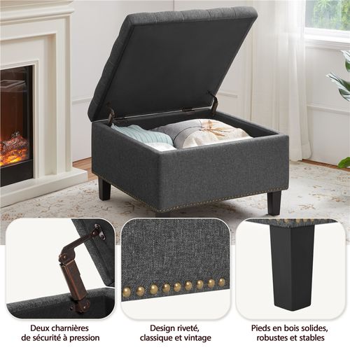 Pouf Coffre De Rangement Tabouret En Tissu Effet Lin Avec Assise Rembourrée, Gris Foncé