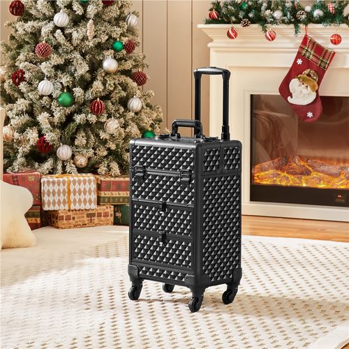 Valise De Maquillage Avec Tiroirs Mallette Cosmétique à Roulettes Pivotante à 360°, Noir