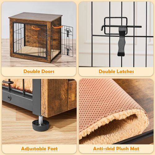 Cage Pour Chien En Bois Avec 2 Portes à Double Serrure Et Tapis Pelucheux, Brun Rustique