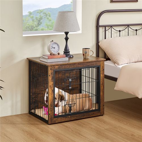Cage Pour Chien En Bois Avec 2 Portes à Double Serrure Et Tapis Pelucheux, Brun Rustique
