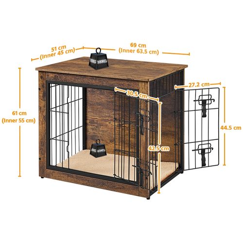 Cage Pour Chien En Bois Avec 2 Portes à Double Serrure Et Tapis Pelucheux, Brun Rustique