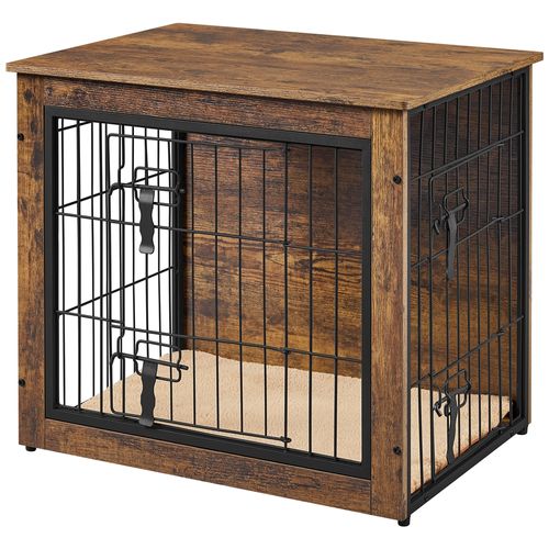 Cage Pour Chien En Bois Avec 2 Portes à Double Serrure Et Tapis Pelucheux, Brun Rustique