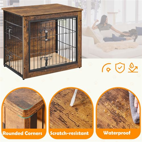 Cage Pour Chien En Bois Avec 2 Portes à Double Serrure Et Tapis Pelucheux, Brun Rustique