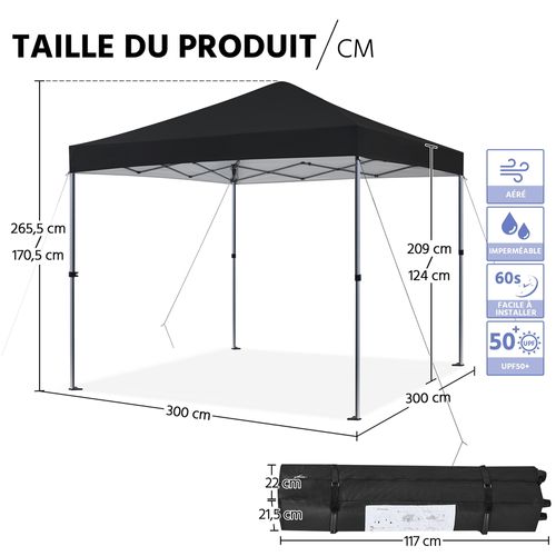 Tonnelle De Jardin 3×3m Tente De Camping Pliable Avec Sac De Transport Et Sable Et Chevilles Noir