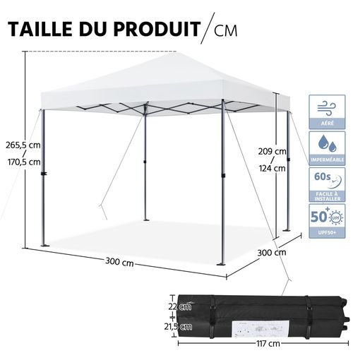 Tonnelle De Jardin 3×3m Tente De Camping Pliable Avec Sac De Transport Et Sable Et Chevilles Blanc