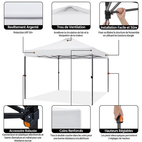 Tonnelle Pliante Tente Imperméable Avec Sac De Transport Sac De Sable Cordes Et Piquets Blanc