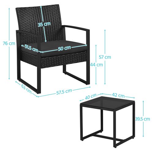 Ensemble Mobilier De Jardin En Rotin Polyester Et Métal 1 Table Basse Et 2 Fauteuils, Noir