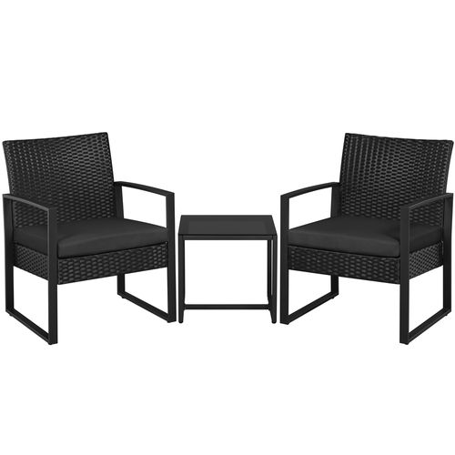 Ensemble Mobilier De Jardin En Rotin Polyester Et Métal 1 Table Basse Et 2 Fauteuils, Noir