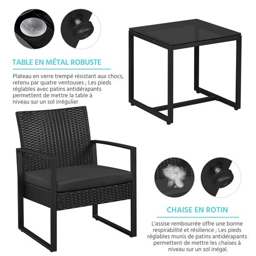 Ensemble Mobilier De Jardin En Rotin Polyester Et Métal 1 Table Basse Et 2 Fauteuils, Noir