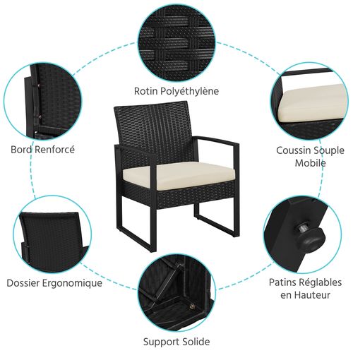 Ensemble Mobilier De Jardin En Rotin Polyester 1 Table Basse Et 2 Fauteuils, Noir/beige