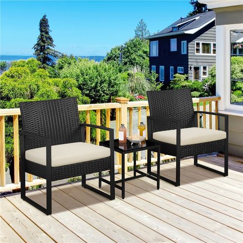 Ensemble Mobilier De Jardin En Rotin Polyester 1 Table Basse Et 2 Fauteuils, Noir/beige