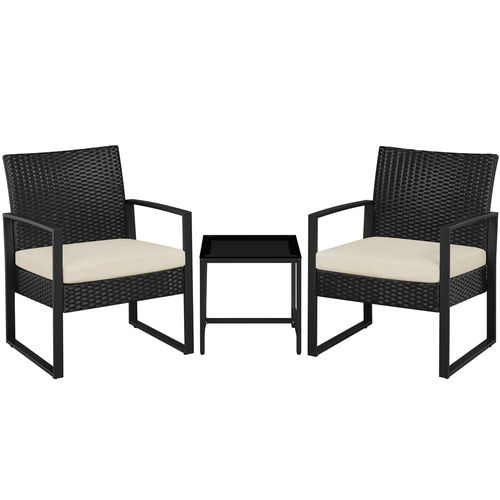 Ensemble Mobilier De Jardin En Rotin Polyester 1 Table Basse Et 2 Fauteuils, Noir/beige