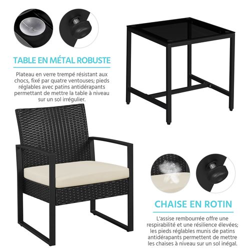 Ensemble Mobilier De Jardin En Rotin Polyester 1 Table Basse Et 2 Fauteuils, Noir/beige