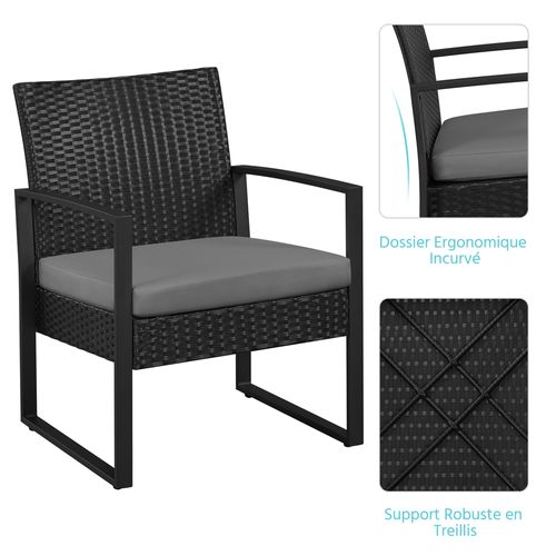 Ensemble Mobilier De Jardin 3 Pièces En Rotin Avec Table Basse Et 2 Fauteuils, Noir/gris