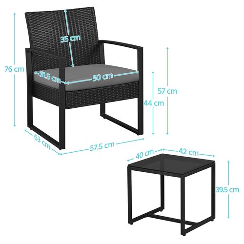 Ensemble Mobilier De Jardin 3 Pièces En Rotin Avec Table Basse Et 2 Fauteuils, Noir/gris