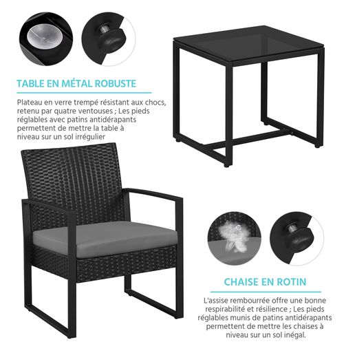 Ensemble Mobilier De Jardin 3 Pièces En Rotin Avec Table Basse Et 2 Fauteuils, Noir/gris