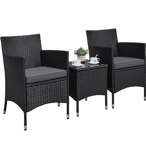 Salon De Jardin 2 Personnes En Rotin Polyester Avec 1 Table Basse Et 2 Fauteuils, Noir/gris