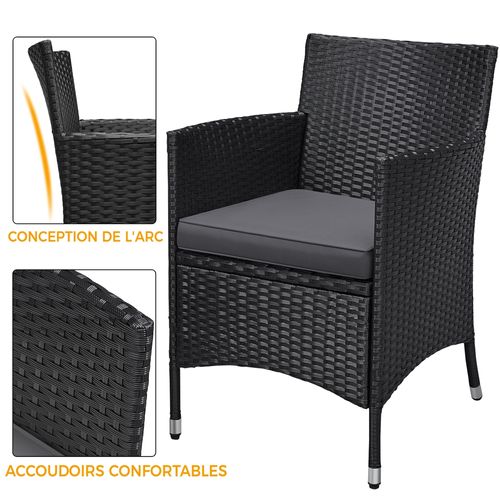 Salon De Jardin 2 Personnes En Rotin Polyester Avec 1 Table Basse Et 2 Fauteuils, Noir/gris