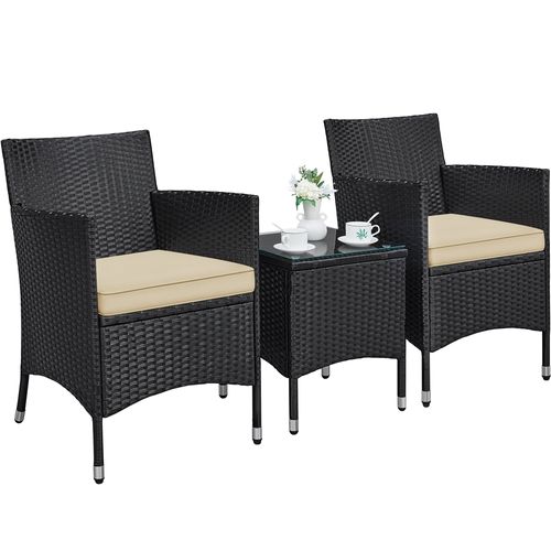 Salon De Jardin 2 Personnes En Rotin Polyester Avec 1 Table Basse Et 2 Fauteuils, Noir/kaki