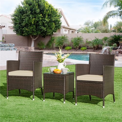 Salon De Jardin 2 Personnes En Rotin Polyester Avec 1 Table Basse Et 2 Fauteuils, Brun/kaki