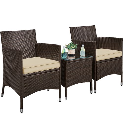 Salon De Jardin 2 Personnes En Rotin Polyester Avec 1 Table Basse Et 2 Fauteuils, Brun/kaki