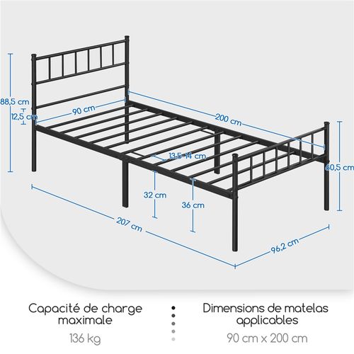 Cadre De Lit Simple 90x200 Cm Avec Sommier à Lattes Surface De Couchage, Noir