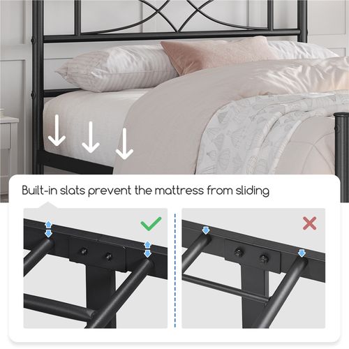 Cadre De Lit Simple En Métal Avec Tête De Lit Et Lattes Pieds De Support, 90×200 Cm Noir