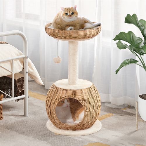 Arbre à Chat En Rotin Avec Cachette Ronde Panier Supérieur Griffoir En Sisal, Beige