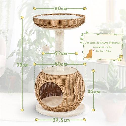 Arbre à Chat En Rotin Avec Cachette Ronde Panier Supérieur Griffoir En Sisal, Beige