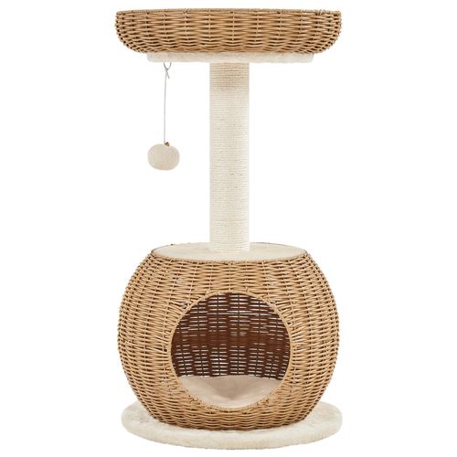 Arbre à Chat En Rotin Avec Cachette Ronde Panier Supérieur Griffoir En Sisal, Beige