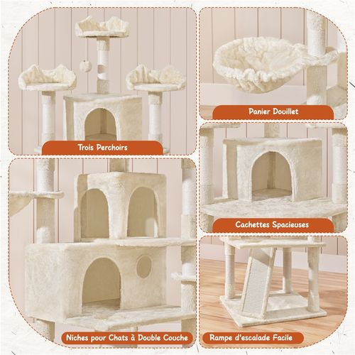 Grand Arbre à Chat Multiniveau Avec Multiples Perchoirs Cachettes Griffoir, Beige