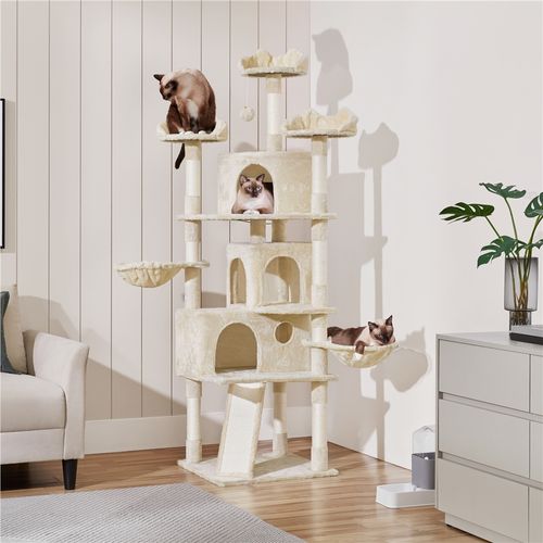 Grand Arbre à Chat Multiniveau Avec Multiples Perchoirs Cachettes Griffoir, Beige