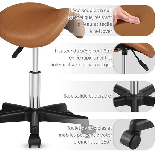 Tabouret Selle De Cheval à Roulettes Réglable En Hauteur Tabouret En Similicuir, Brun Rustique
